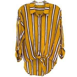 The Impeccable Pig Yellow Gold Stripe Crinkle Button Down Tie Waist Shirt